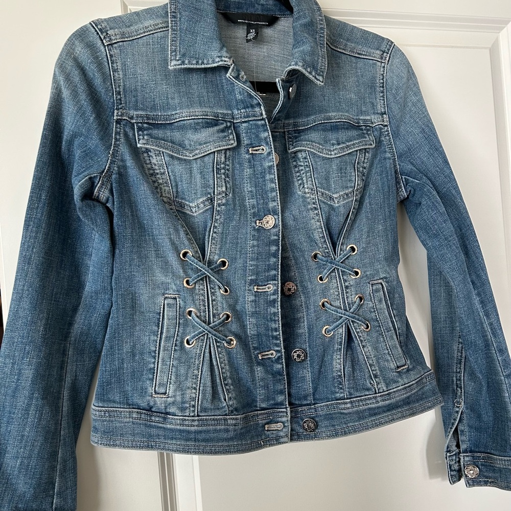 White House Black Market Blue Jean Jacket with Lace-Up Detail NWOT